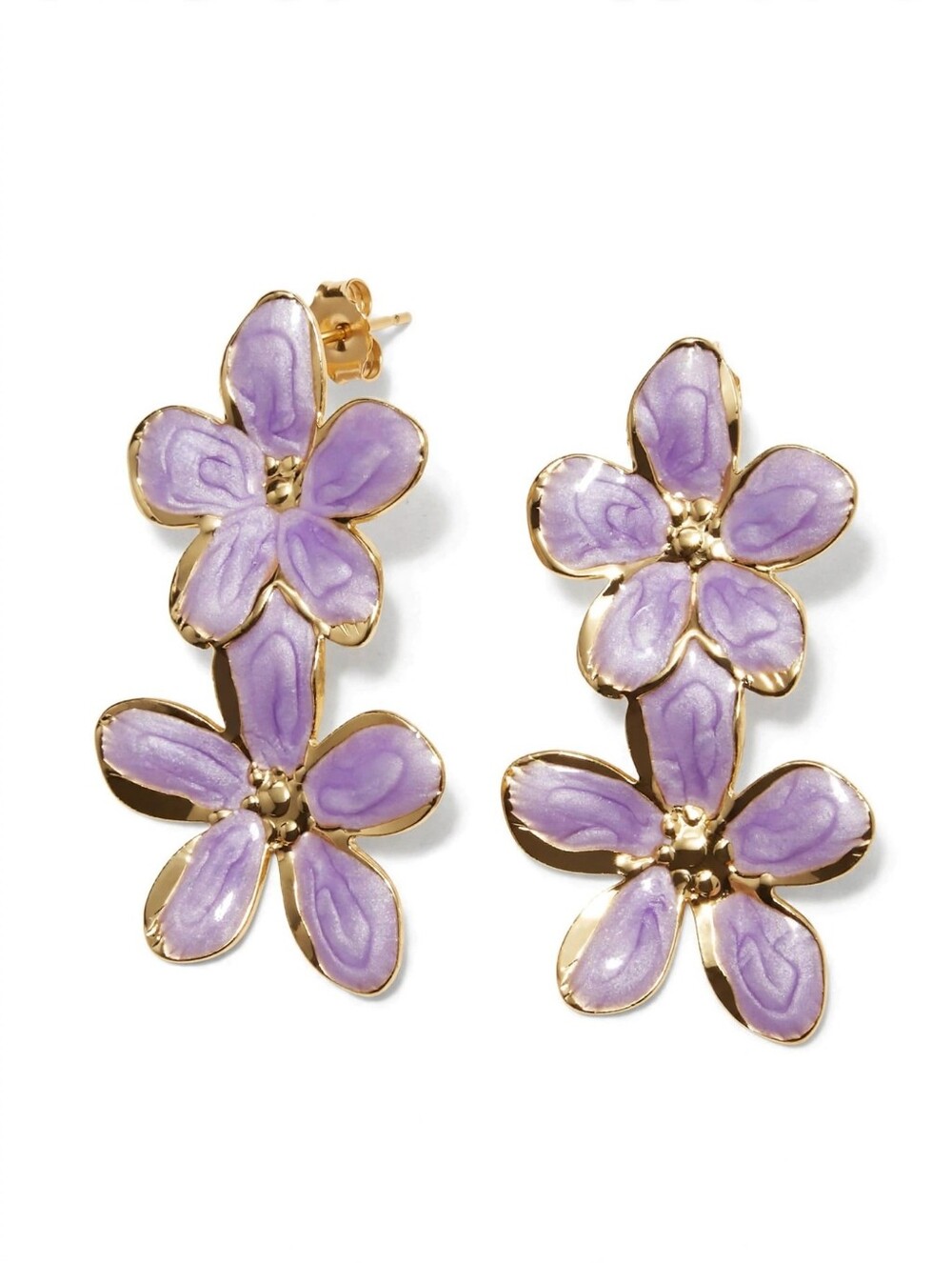 Vintage 2 Inch Lavender Purple Enamel Double Flower Earrings Gold Post Pushback